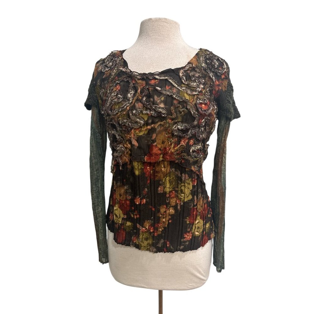 Alberto Makali Floral Applique Sheer Blouse L Boho Gothic Fall Top - Picture 3 of 9